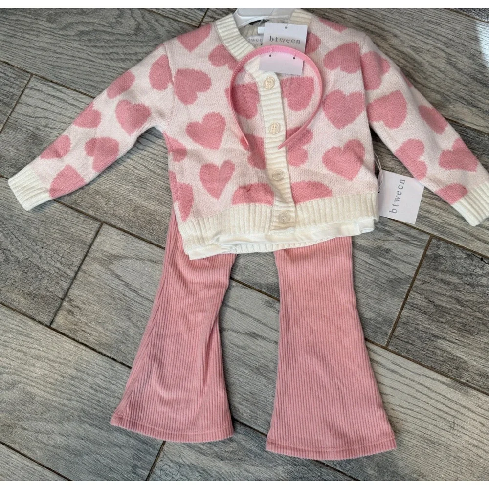 Btween Cardigan Flare Pants Headband Set 2T Girls Heart 3 pc NWT Outfit Toddler - Picture 1 of 13
